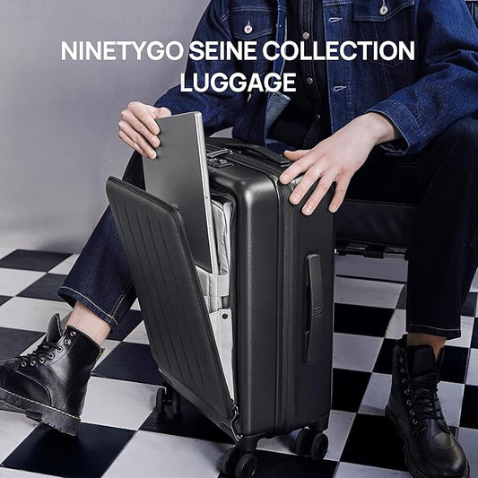 NINETYGO Carry on Luggage 22X14X9 Airline Approved with Front Pocket, 20 Inch Luggage with Front Compartment, Expandable, Double Spinner Wheels, Hardsided PC, TSA Lock (Black, Seine Max)