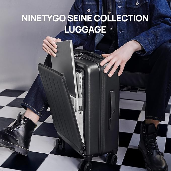 NINETYGO Carry on Luggage 22X14X9 Airline Approved with Front Pocket, 20 Inch Luggage with Front Compartment, Expandable, Double Spinner Wheels, Hardsided PC, TSA Lock (Cool Grey, Seine Max)