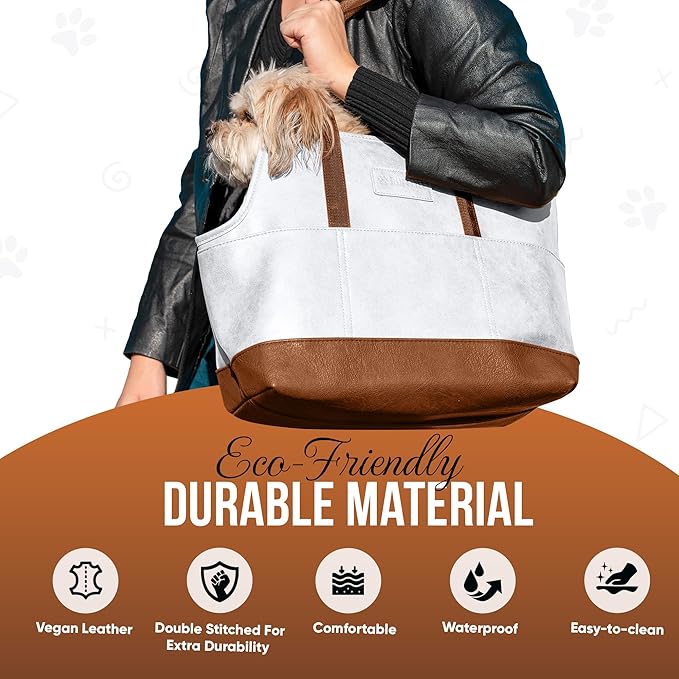 Faux Leather Dog Carrier for Small Dogs, Water-Resistant Designer Dog Purse with Safety Harness, Fashion Pet Carrier for Dogs 5-15 lbs, Luxury Dog Shoulder Carrier, White