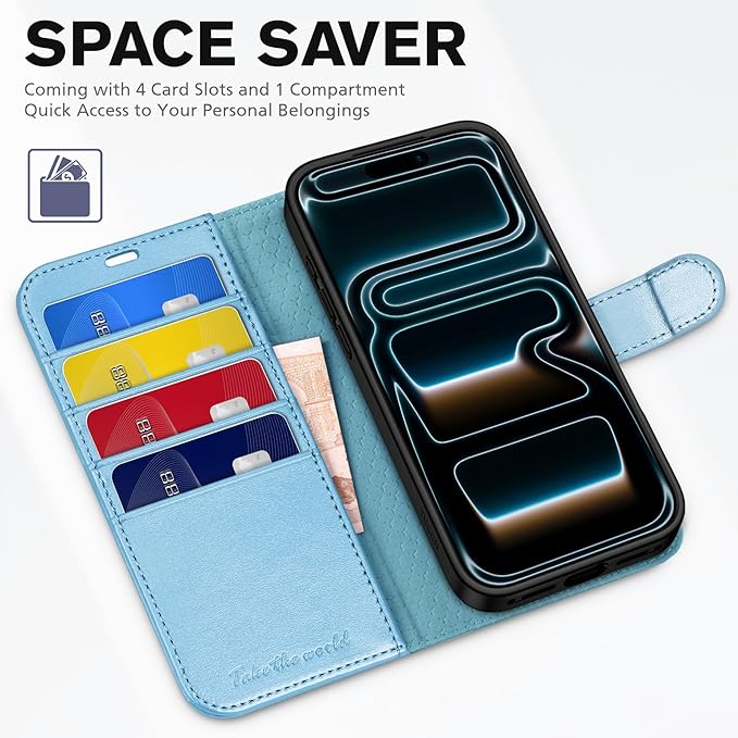 TUCCH Case Wallet for iPhone 17 Pro Max (6.9-Inch) 2025, RFID Blocking 4 Card Slots, Kickstand, Magnetic Closure, PU Leather, Shockproof TPU Shell, Protective Flip Cover, Pearly Light Blue