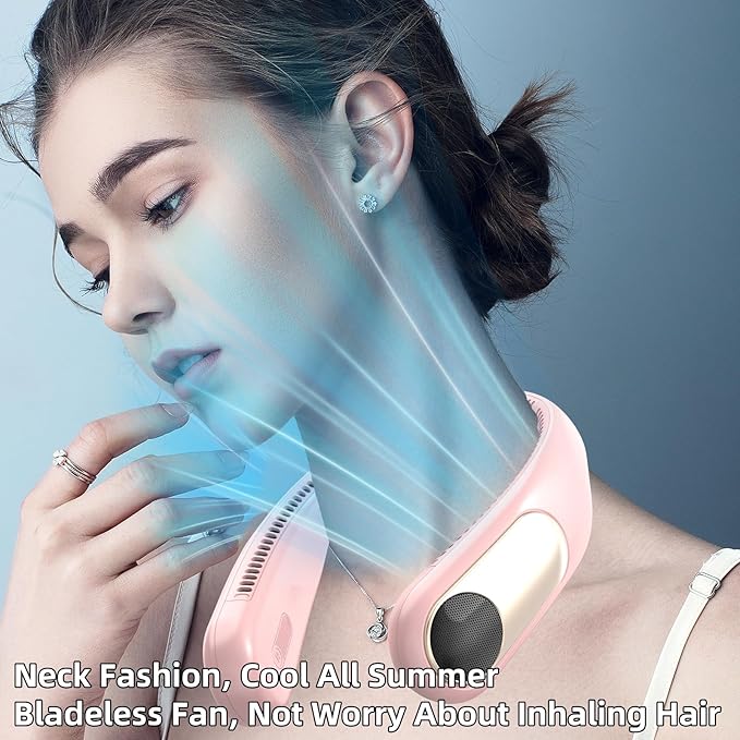 Portable Neck Fan,Personal Wearable Bladeless Fan,LED Display,4-Speeds,6000mAh USB Rechargeable,360° Strong Cooling Wind,Hands Free,Long Lasting,Birthday Gifts for Men Women Dad Mom (Pink)