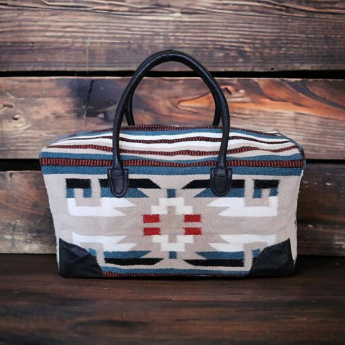 Aztec Large Weekender Southwestern Duffel Bag Saddle Blanket Bag 100% Leather Handles (Sahara)
