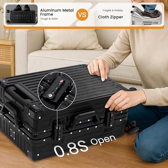 26 Inch Checked Luggage with Spinner Wheels, No Zipper Aluminum Frame Hard Shell Suitcases with TSA Lock, PC+ABS Lightweight Large Suitcase for Travel (Black)