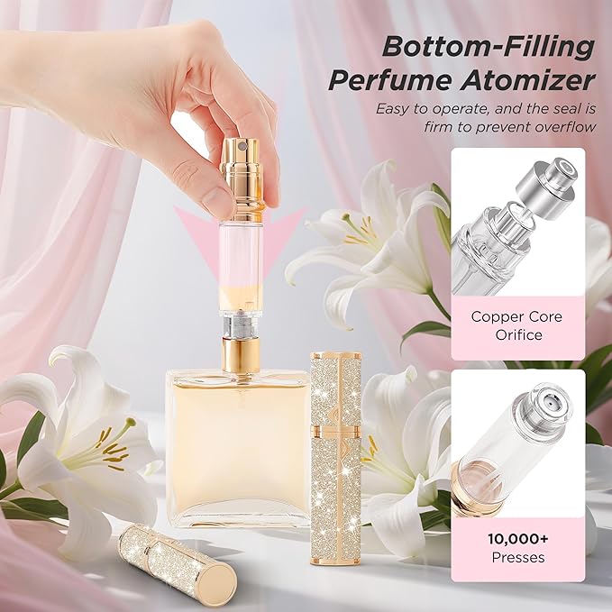 Travel Perfume Bottle Refillable, Sparkle Perfume Atomizer Leak-Proof Portable 5ML Mini Empty Atomizer Sprayer Bottle for Traveling and Outgoing (Golden, 5ML)