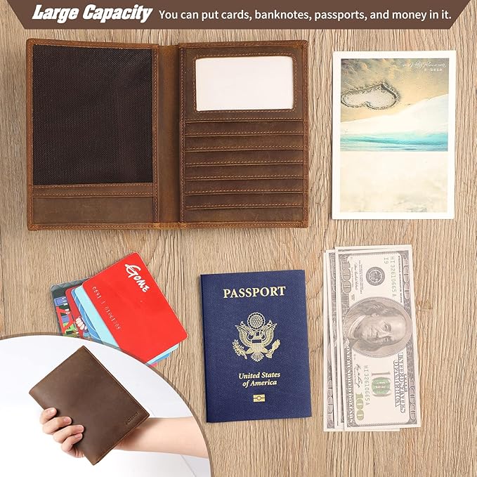 Genuine Leather Passport Holder, RFID Blocking Travel Wallet for Men & Women (Brown)