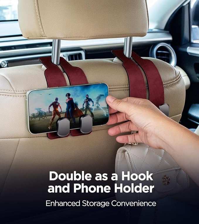 AMINOR 2 Pack Car Seats Hooks for Headrest, 2-in-1 Premium Leather Car Headrest Hanger with Metal Hooks, Car Seat Back Storage Hooks for Purses, Handbags, Phone (Wine)