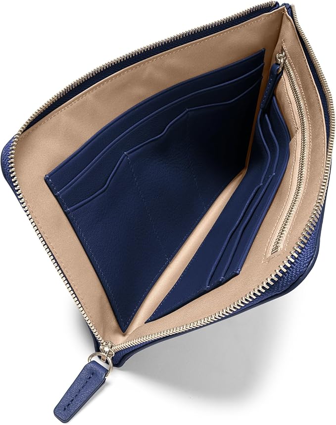 Leatherology Navy Blue Slim Zip Travel Wallet – Full Grain Leather Passport & Card Organizer