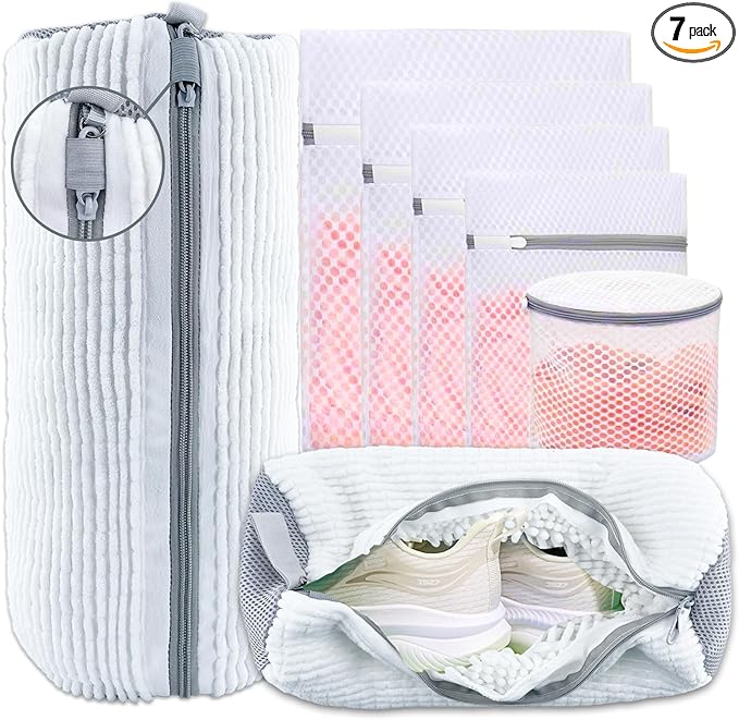 XXL Shoe Washing Machine Bag - 2 Reusable 360° Deep Clean Shoes Washing Bag for Washer and Dryer, Durable Zipper Laundry Shoe Bag Kit Include Laundry Bag for Delicates/Bra Laundry Bags (White)
