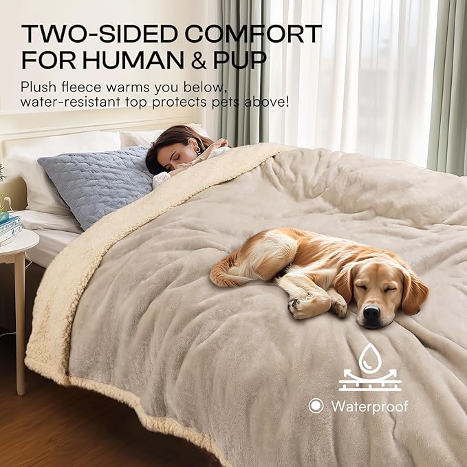 Waterproof Pet Blanket, Liquid Pee Proof Dog Blanket for Sofa Bed Couch, Reversible Sherpa Fleece Furniture Protector Cover for Small Medium Large Dogs Cats, Grey Beige X-Large（85" x 57"）