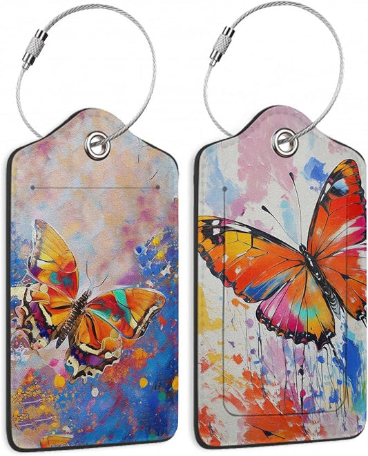 2 Pack Luggage Tag for Suitcase, Abstract Colorful Butterfly Leather Bag Tags Identifiers Privacy Cover ID Label with Durable Steel Loop for Women Men Kids Girls Travel