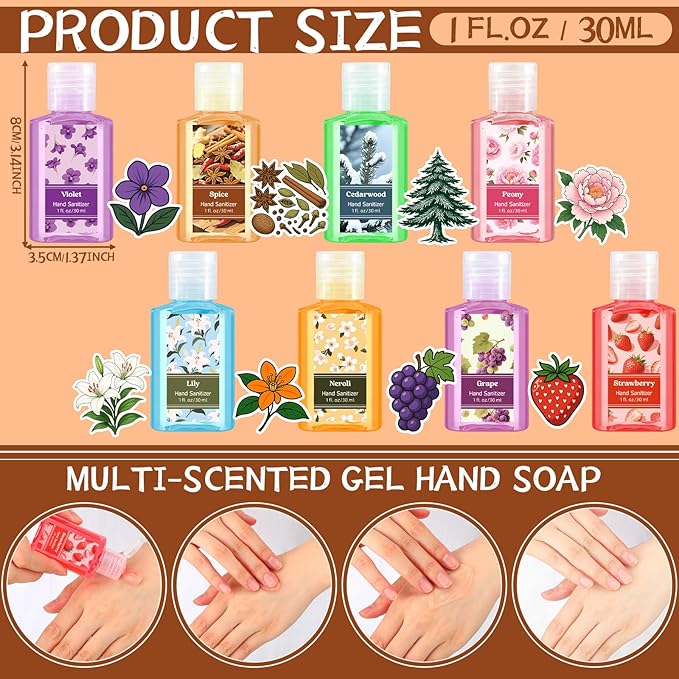 Frienda 24 Pack Mini Scented Hand Sanitizer Bulk Perfume Gel Hand Sanitizer Scented 1 oz Pocket Portable for Teacher Nurse Staff Christmas Stocking Stuffers Homeless Care Package Supplies