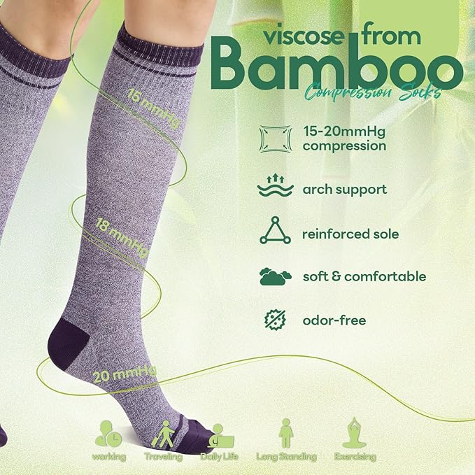 Iambamboo Compression Socks Women & Men, 15-20 mmHg Bamboo Viscose Knee High Soft Support for Flying Travel Daily