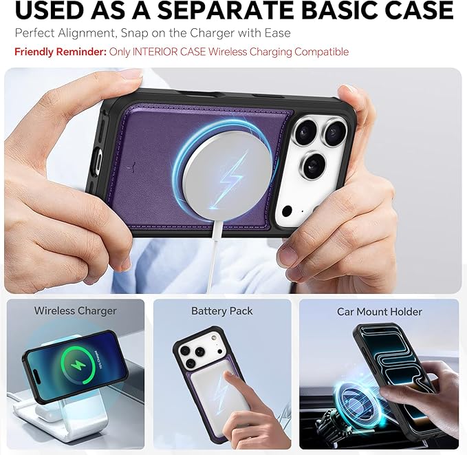 TUCCH 2-in-1 Removable Wallet Case for iPhone 17 Pro (6.3-inch) 2025, Wireless Charging | RFID Blocking 4 Card Holders | Wrist Strap | Kickstand | Magnetic | PU Leather Protective Cover | Deep Purple