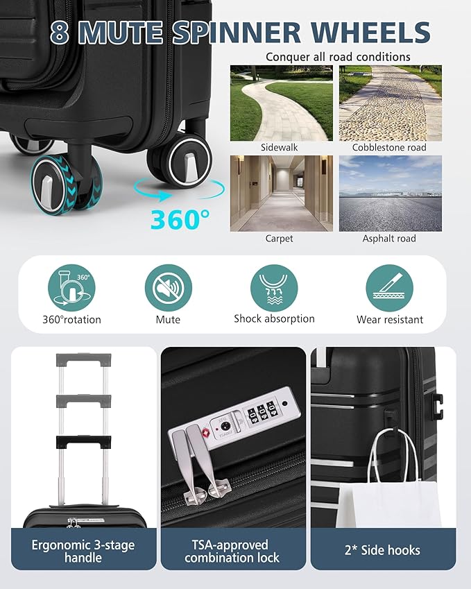 RAINSMORE Expandable Carry on Luggage 20 Inch, Airline Approved Carry on Suitcase with Front Pocket&Laptop Compartment, Hardshell Rolling Travel Luggage with Spinner Wheels,Black