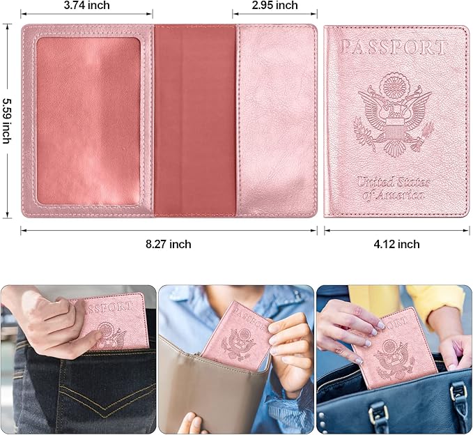 Passport and Vaccine Card Holder Combo, Passport Cover with Vaccine Card Slot, Wallet, Passport Case Holder for Women and Men（AE-Rose gold
