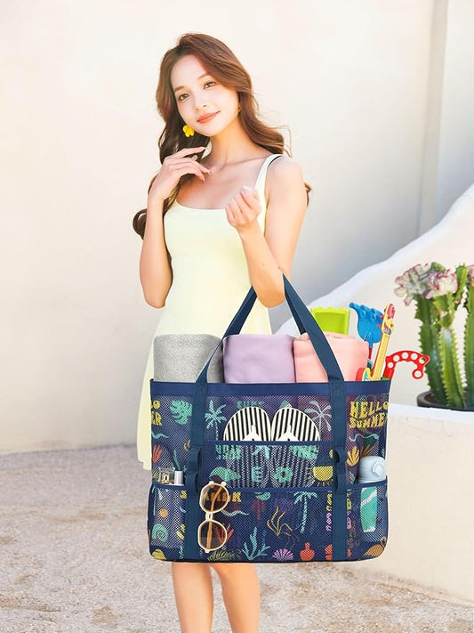 Mesh Beach Bag, Large Beach Tote with Zipper Pocket for Family Pool Bag for Toys & Vacation Essentials