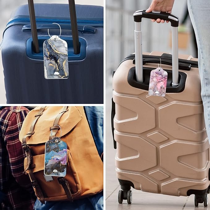 Rimilak 3 Pcs PU Leather Luggage Tags for Suitcase, Travel Cruise Luggage Tag with Privacy Flap, Name ID Label and Metal Loop for Women Men Baggage Handbag School Bag Backpack, Colorful Marble