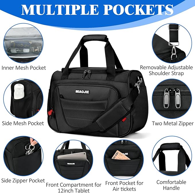 Underseat Carry On luggage Bag Airplanes Personal Item Bags Weekender Overnight Travel Tote Bag Shoulder Small Softside Carry on Luggage Travel Duffel Bags For Men Women -16 IN Black