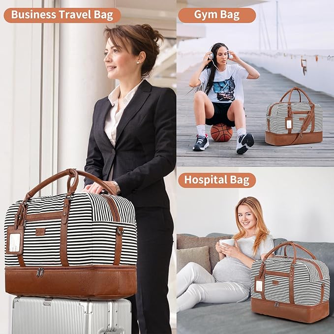 Wogarl Weekender Bags for Women Large Canvas Overnight Bag Travel Duffel Bags Carry on Shoulder Weekend Bag with Shoe Compartment for Travel Night Flight Daily Use
