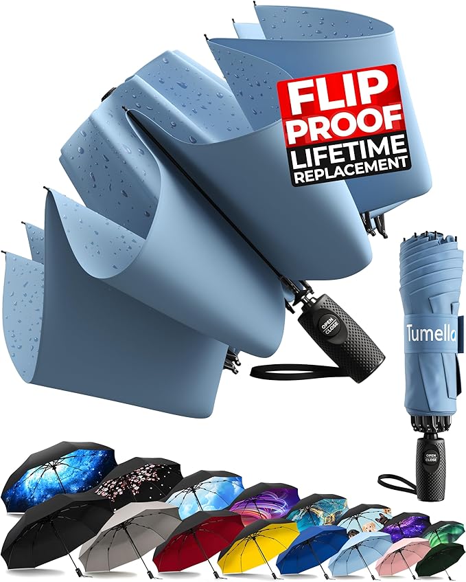 TUMELLA Flip-proof Inverted Travel Umbrella, Small Strong but Light Portable and Automatic Reverse Folding Rain Umbrella, Durable Premium Grip, Fits Car & Backpack