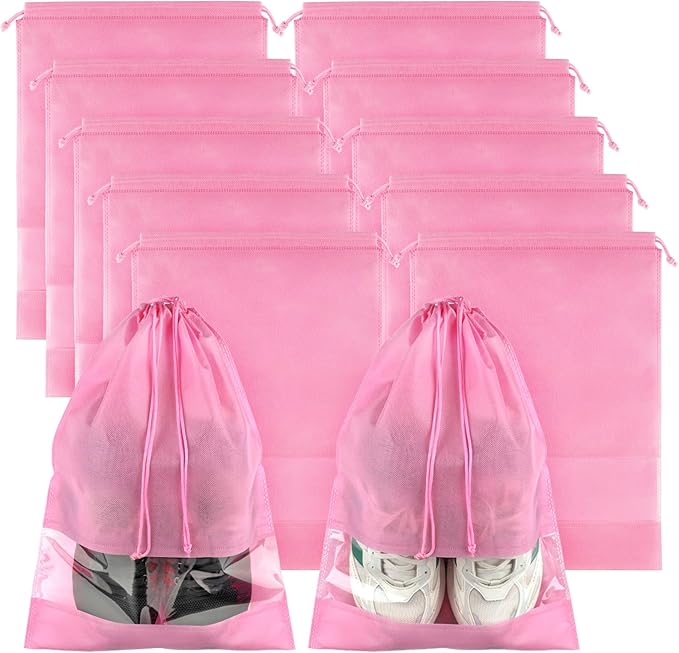 Large Pink Travel Shoe Bags - 10 Pcs, Non-Woven Drawstring with Clear Window (12.6" X 17.3")
