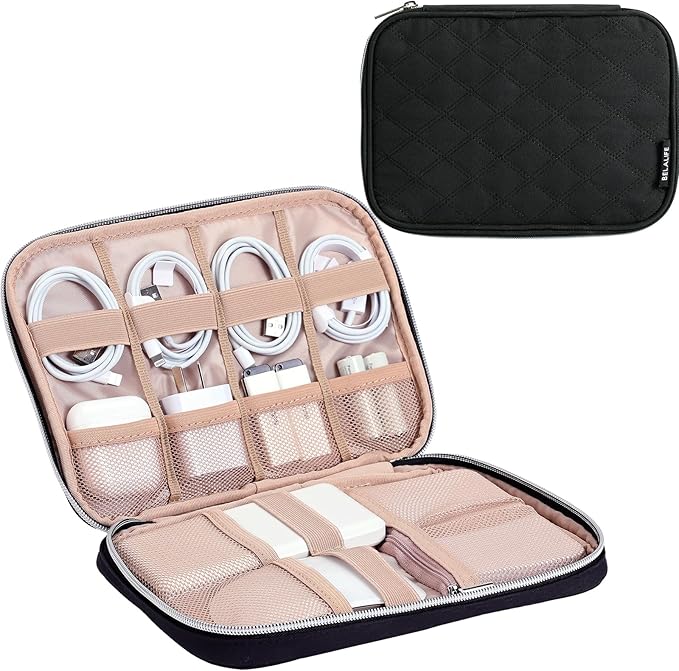 BELALIFE Electronic Organizer, Portable Travel Cable Bag, Tech Storage for Cord, Charger, Phone, Earphone, Hard Drive, USB, SD Card and Other Accessories, Black