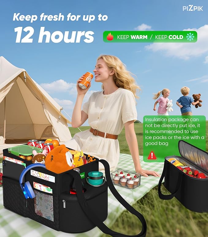 Large Car Seat Organizer with Removable Cooler Bag for the Front or Back Seat for Kids and Adults.Versatile for Use in Multiple Scenarios.