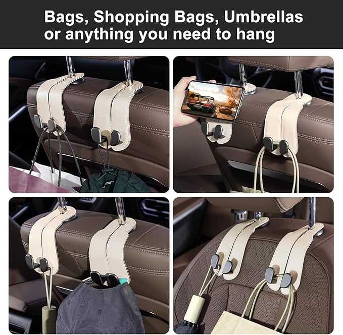 CoBak Headrest Hooks for Car - Universal Premium Stitched Leather and Aluminum-Magnesium Alloy Double Car Seat Back Storage Hook for Purses, Handbags, Bags (2 Pack),Beige