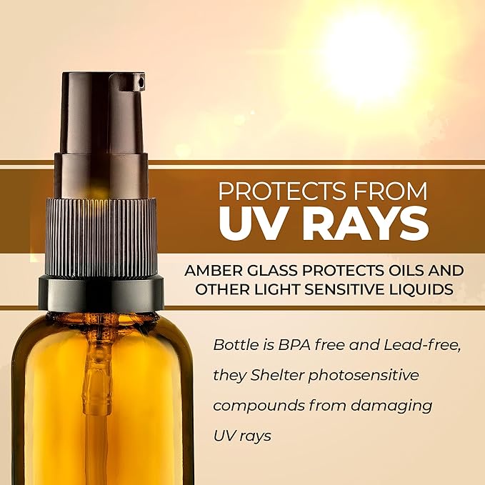 6 Pack, 3 30ml (1oz) & 3 15ml (0.5oz) Empty Refillable Glass Amber Pump Bottle Ideal for Lotion Cream Essential Oil Travel Small Container, Convenience Pack