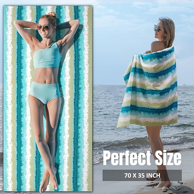 cabanana Large Beach Towel Oversized - Cotton Velour 35 x 70 Inch Coast Waves Camo Striped Terry Pool Towel, Cabana Soft Swimming Towel for Adults Women Men (Teal Green)