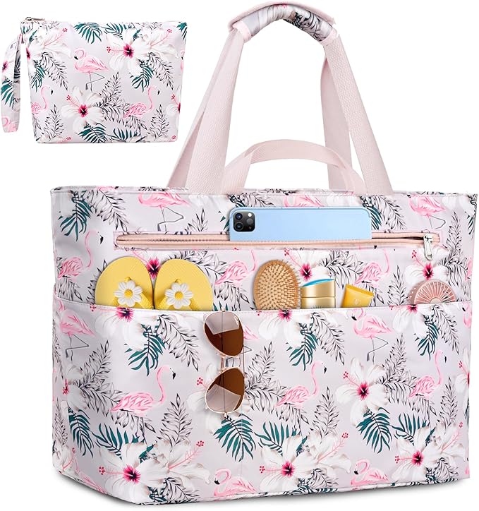 Extra Large Beach Bags for Women, Waterproof Sandproof Beach Tote Bag Zipper Foldable Swim Pool Bag with Wet Pocket