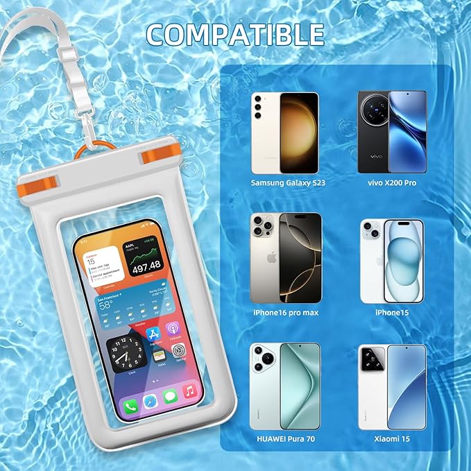 IPX8 Floating Waterproof Dry Bag 2-Pack,7.2 Inch Waterproof Phone Pouch for iPhone 16/15/14 Pro Max Galaxy S24/S23 Adjustable Lanyard + Wrist Strap Beach Swimming Travel Essentials