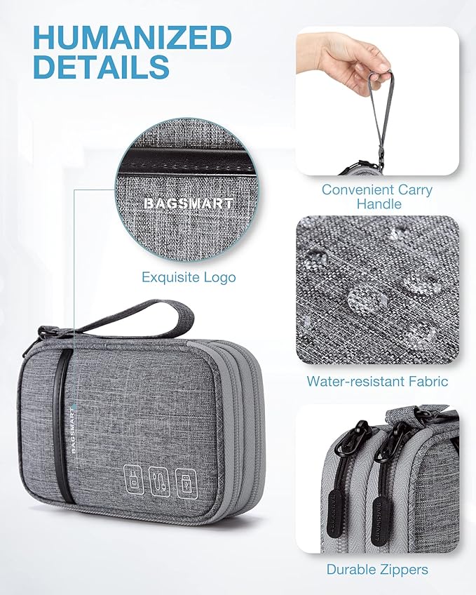 BAGSMART Electronic Cord Cable Organizer Travel Bag Case, Double Layers Tech Electronic Bag, Essentials for Charger, Cable, Phone, Flash drive, Gray