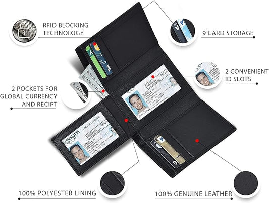 Real Leather Mens Trifold Wallet RFID Blocking Slim Minimalist Front Pocket - Thin & Stylish with ID Window in Gift Box