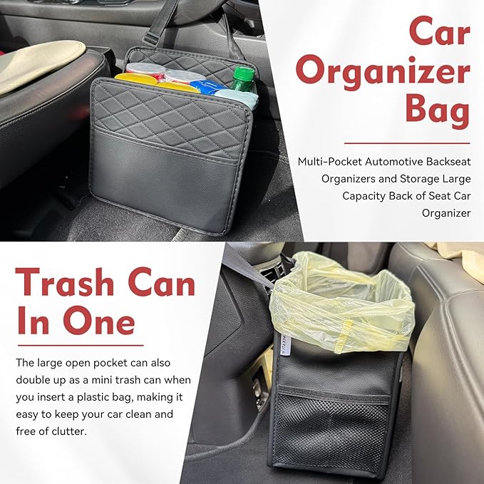 Upgrade Car Seat Organizer Backseat with Storage Pockets, Multipurpose Car Organizer Hanging, Car Trash Bag Can,Premium PU Leather Garbage Can 2.14 Gallon Large Capacity, Black.