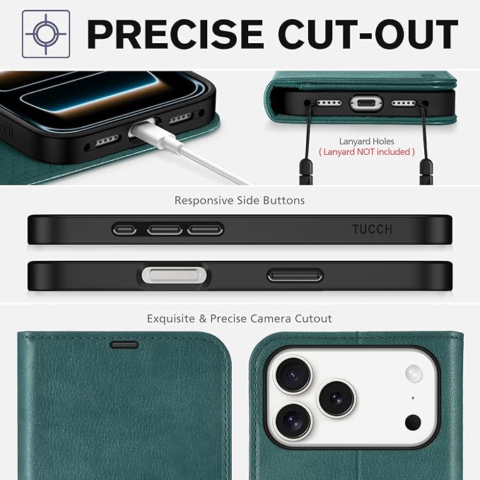 TUCCH Wallet Case for iPhone 17 Pro Max (6.9-Inch) 2025, 4 Card Holders, RFID Blocking, Stand, Shockproof TPU Shell, PU Leather, Magnetic Closure, Protective Flip Folio Cover, Teal Blue