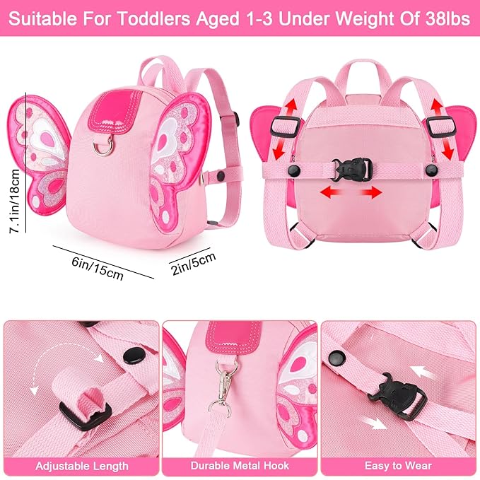 Accmor Toddler Harness Backpack Leash, Cute Butterfly Kid Backpacks with Anti Lost Wrist Link, Mini Child Backpack Harness Leashes Walking Wristband Travel Bag Harness Rein for Baby Girls (Pink)