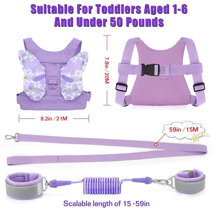 Toddlers Leash + Anti Lost Wrist Link Child Kids Safety Harness Kids Walking Wristband Assistant Strap Belt for Girl Pink Christmas Gift (Purple)