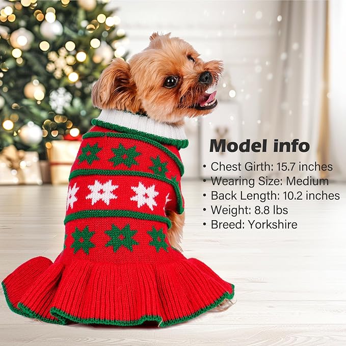KYEESE Dog Christmas Sweater Warm Dog Sweater for Small Dogs with Leash Hole Knit Dogs Clothes Pet Coats Turtleneck Pet Sweater Dress with Snowflake Pattern, Red, Small