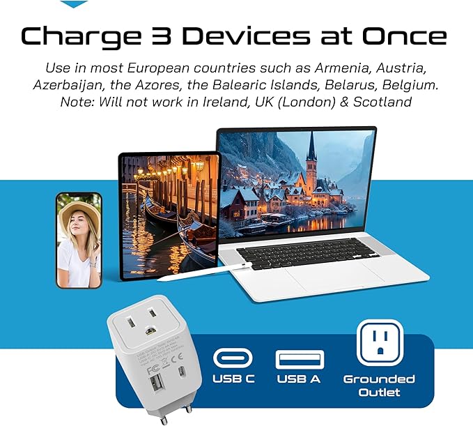 Ceptics European Travel Plug Adapter - USB-A & C, Type C Adapter for Turkey, Egypt, Iceland - USA Input - Ideal for Phones, Chargers, Cameras & More