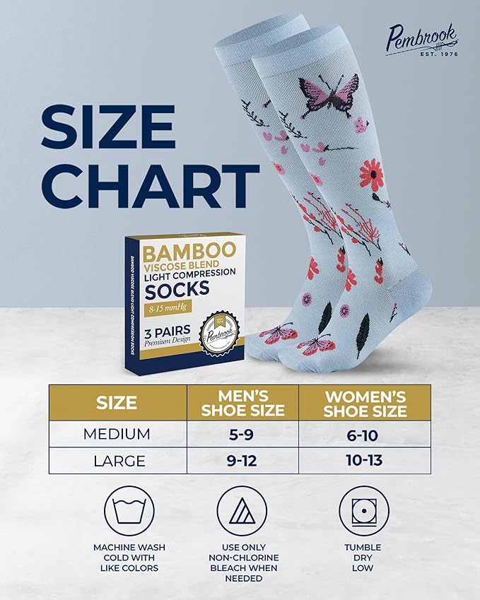 Pembrook Bamboo Viscose Light Compression Socks - 3 Pairs | 8-15 mmhg Compression Socks | Knee High Comfort Support Socks