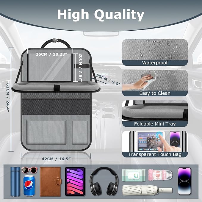 Car Backseat Organizer with table Tray, 9 Storage Pockets Backseat Car Organizer with Tablet Holder, Back seat Organizer for Kids Road Trip Essentials Travel (1Pack)