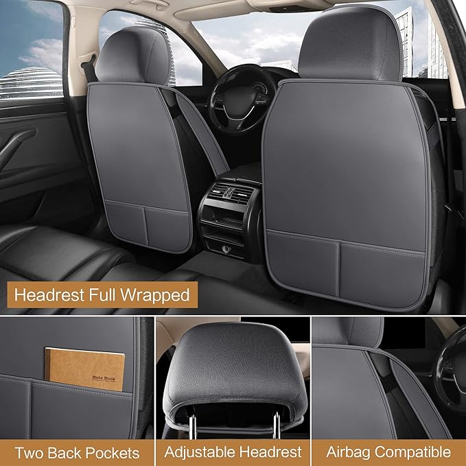 HAIYAOTIMES Leather Car Seat Covers Full Set, Waterproof Faux Leather Seat Covers for Cars, Non-Slip Car Interior Covers Universal Fit for Most Cars Sedans Trucks SUVs, Gray
