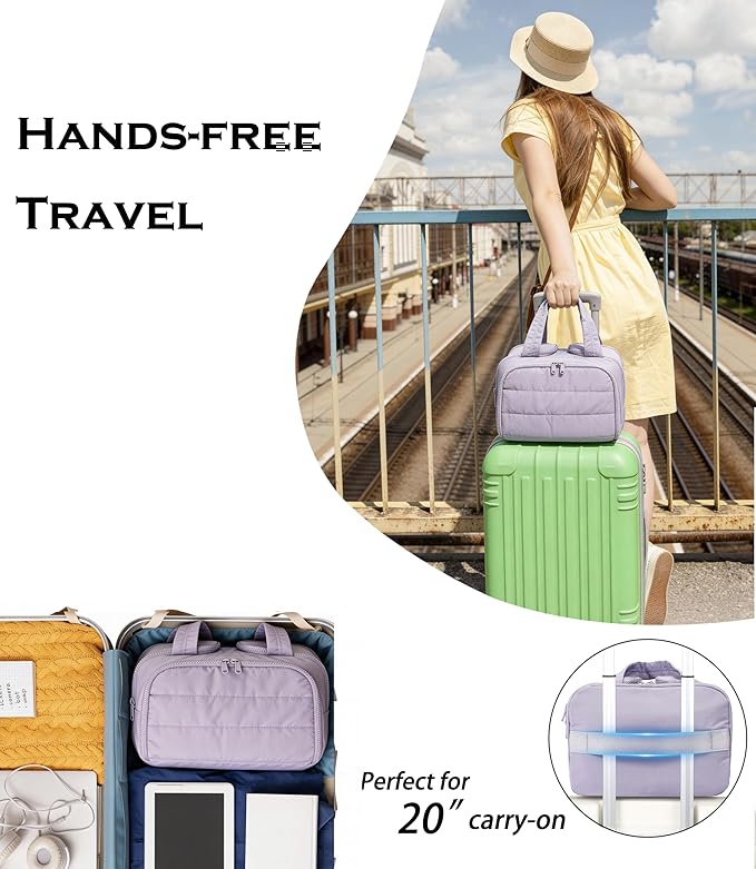 Travel Toiletry Bag for Women, Large Wide-open Puffy Cosmetic Makeup Bag with Wet-Dry Separation, Multi-Pocket Organizer with Carry Handle for Toiletries, Cosmetics, Essentials, Light Purple