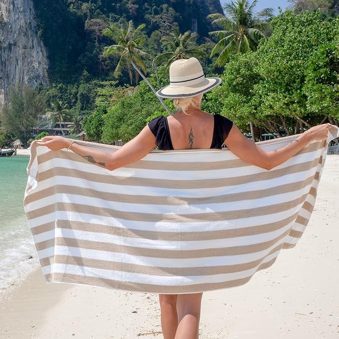 Arkwright California Cabana Stripe Beach Towel Bulk - Case of 24, Large Soft Quick Dry Cotton Terry Towels Set for Pool, Swim, and Hot Tub, Oversized 30 x 70 in, Beige