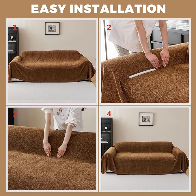 Chenille Couch Cover for 3 Cushion Sofa Pet Friendly Furniture Covers, Boho Sofa Covers Washable L Shape 3 Seater Couch Cover, 71"x 134", Brown
