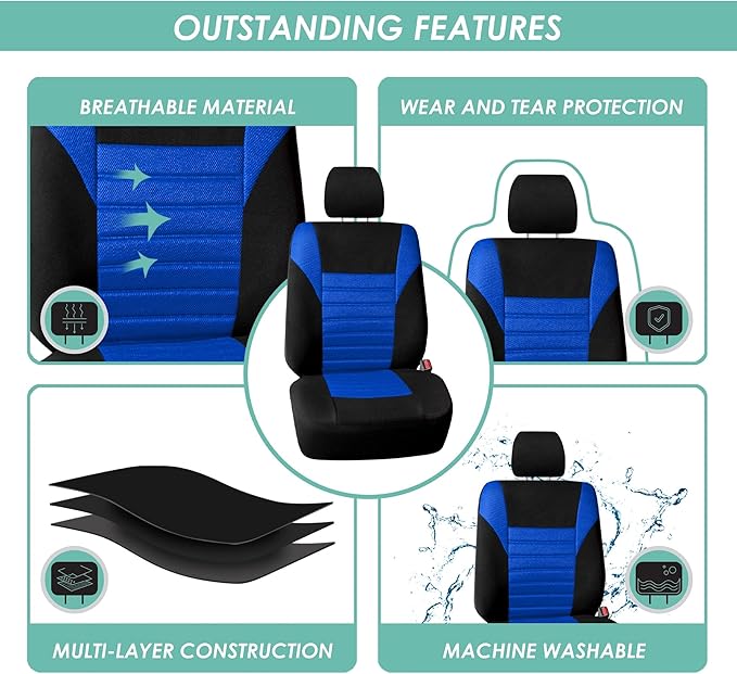 FH Group Automotive Car Seat Covers Full Set Premium 3D Air Mesh Front Seat Covers, Airbag Compatible & Split Bench Cover Universal Fit Interior Accessories for Cars Trucks and SUVs - Blue