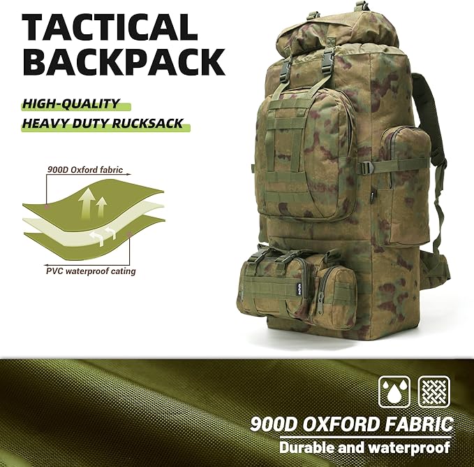 HongXingHai 100L Camping Hiking Backpack,Molle military Tactical rucksack backpack,Waterproof Lightweight Hiking Backpack (Ruin Green)