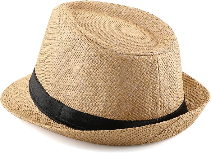 FALETO Unisex Summer Panama Straw Fedora Hat Short Brim Beach Sun Cap Classic