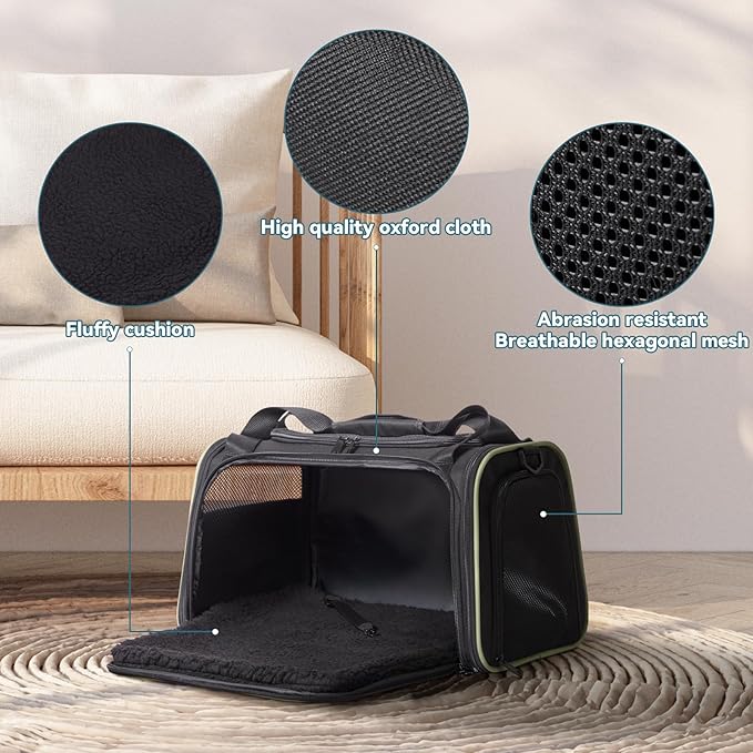 PETSFIT Pet Carrier Airline Approved with Extendable Mat, Dog Carriers for Small Dogs, TSA Approved Pet Carrier, Puppy Carrier for Small and Medium Cats Under 12 Lbs, Black